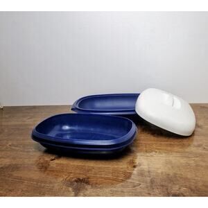 Vintage Tupperware Microwave Steamer #1273 – Blue Base with White Lid – 3-Piece